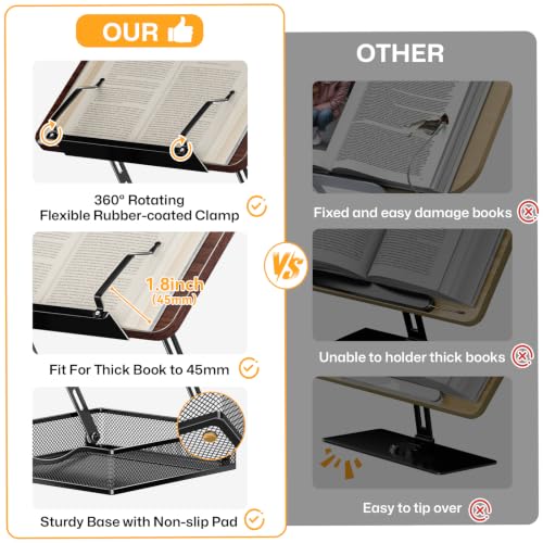 Adjustable Book Stand for Reading with Storage - 2-13" Height Hands-Free