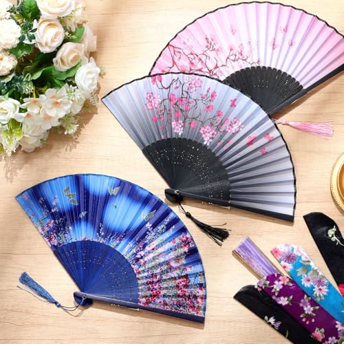 Zonon 4 Pack Hand Held Folding Fans for Women Silk,Retro and Elegant - style: Retro and Elegant