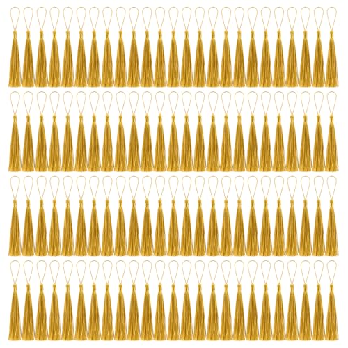 100 Pcs Bookmark Tassels Bulk Gold Soft Craft Silky Handmade Mini Tassels for Jewelry Making with Loops for DIY Craft Accessory Dress Decoration - color: Gold