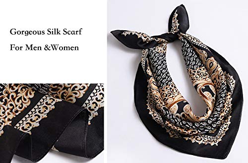 ANDANTINO 100% Mulberry Silk Scarf -21” Square Neckerchief with Gift Packed - color: Gold &Black