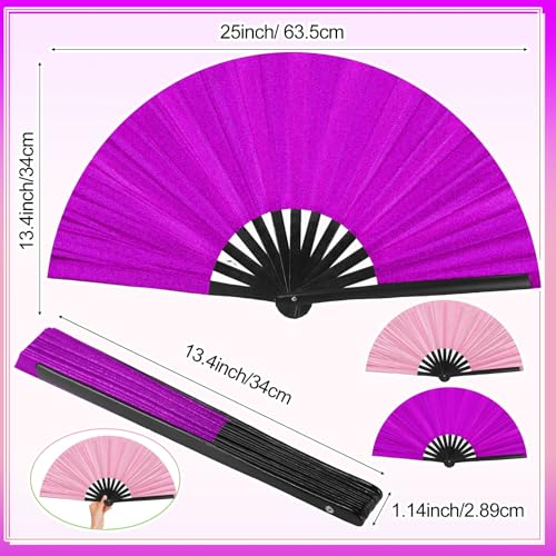 Maitys 2 Packs Large Folding Hand Fans 13'' Chinese Handheld Fan Large Clap Fans for Line Dancing, Tai Chi, Festival, Kung Fu, Martial Art, Gift, Includes 2 Pouch (Glitter Purple and Pink) - color: Glitter Purple and Pink