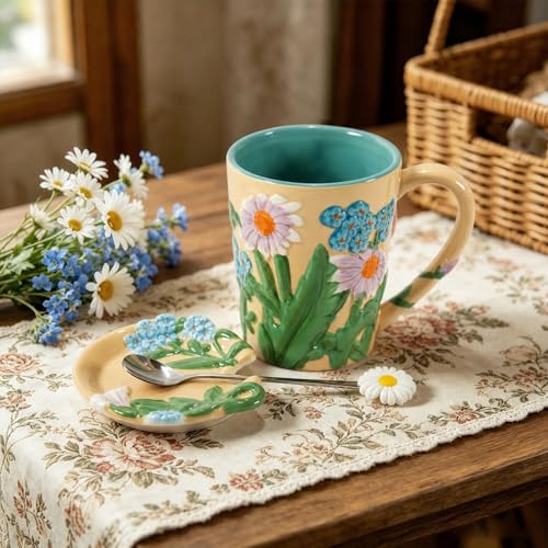 Ceramic Coffee Mug, 19 oz Large Floral Mug with Lid, Novelty Hand-Painted Mugs with Handle & Spoon, Dishwasher & Microwave Safe Cups for Coffee, Tea, Cocoa, Birthday Housewarming Wedding Gift - Beige - color: Beige