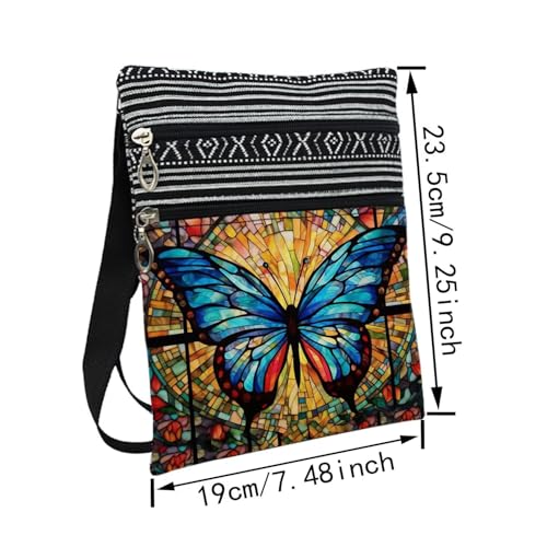 Stained Glass Pattern Crossbody Handbag with Zipper Butterfly World Tree Bee Aesthetic Present for Woman - color: Blue Butterfly