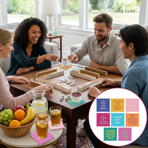 Newtay 8 Packs Mahjong Coasters 4'' Cute Wavy Edge Cork Coasters for Colorful Cups Drinks Table Protection Game Night Party Supplies Mahjong Accessories Gifts (Funny Sayings) - style: Funny Sayings