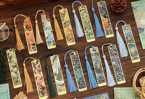 icceemee 12 Pieces of Gold Hollow Bookmarks with Tassels, Featuring Van Gogh and Monet Oil Painting Themes Perfect for Book Lovers, Writers, Readers, Children, Teenagers, Men, Women, and Adults - style: Oil Painting Themes 12