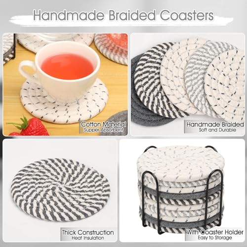 Billbotk 10 Pieces Coasters for Drinks, Absorbent Drink Coasters with Holder, Coffee Table Coaster Set for Home Decor, Apartment Decor Aesthetic, Living Room Essentials, 4.3 Inches - color: Gray 2