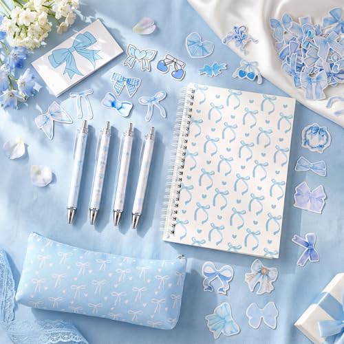 Sayglossy Blue Bow Set Pen Spiral Notebook Journal Pencil Case Sticker - color: Blue