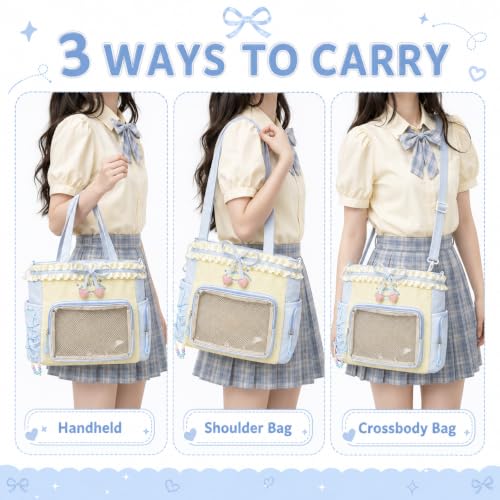 Kawaii Ita Bag with Ruffle Trim, Cute Color Block Crossbody Bag, Pin Display Shoulder Bag with Insert Y2k Style - color: Blue / Yellow