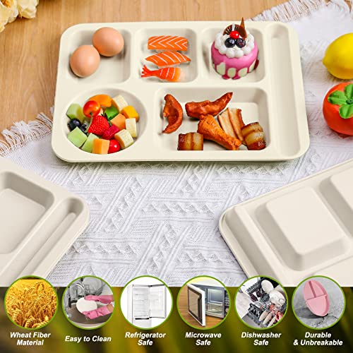 Pinkunn 12 Pcs 14'' Large Divided Plates Unbreakable Wheat Straw Lunch Trays 6 Compartments Cafeteria Trays Microwave Dishwasher Safe Food Separator Plates (Beige) - color: Beige