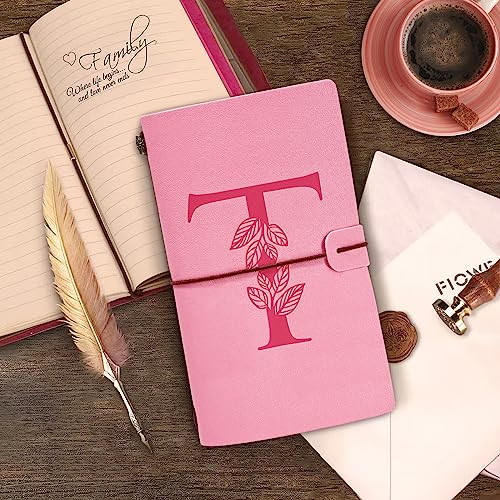 Personalized Journal Gift-Pink Initial Leather Journal+Heart Diamond Pen Set,Travel Notebook Diary Gifts,Refillable Notepads,Christmas,Birthday Gifts for Women Girls (7.9"x4.7") (T) - style: T