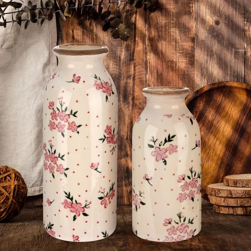 2 Pcs Ceramic Small Vase Rustic Farmhouse Vase Boho Vases Home Decoration for Your Kitchen Bedroom Office Bathroom & Shelf Centerpiece Table Decorative(Romantic)