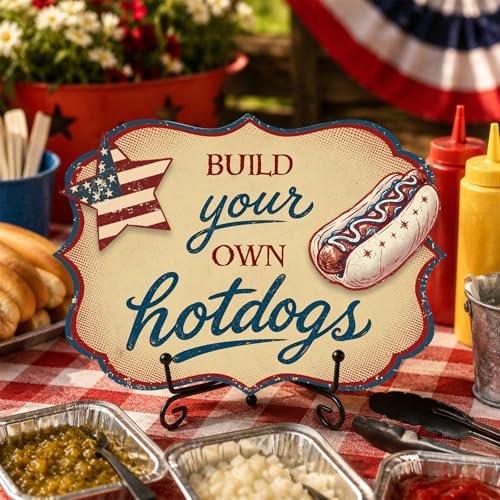 Hot Dog Stand Sign with Metal Display Stand, Wooden Patriotic Tabletop Menu Sign for BBQ Party, Food Truck, Buffet Table, Hot Dog Shop Decor, Independence Day 250th Anniversary Celebration - A01 - color: DLR A01