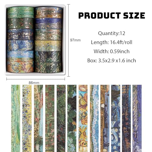 Lychii Washi Tape Set,12 Rolls 5M/16.4Ft Long Gold Foil Masking Tape,15mm - color: Art