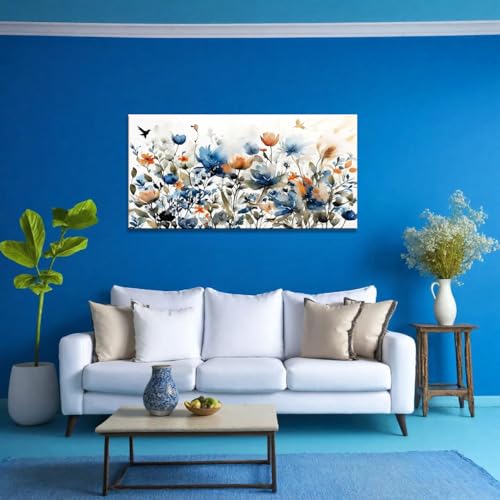 KZKU Watercolors Floral Canvas Wall Art Prints for Home Decor Living Room Dining Room Bedroom Office Wall Decor Multicolored Flowers Canvas Artwork Size：20x40inch - color: Blue and orange flowers, size: 40"L x 20"W