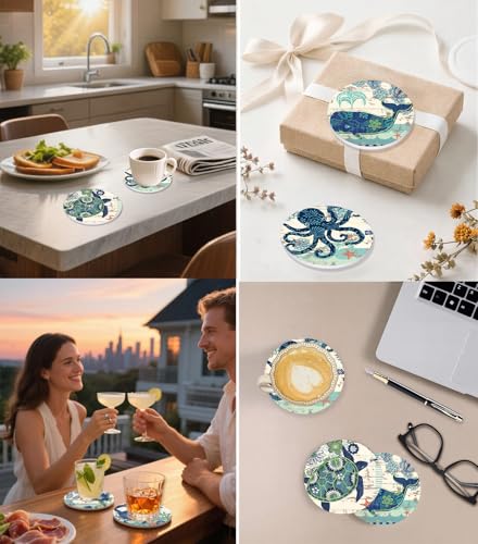 Nikyi 6 Pcs Coastal Marine Life Ceramic Drink Coasters, Absorbent Round Coaster with Cork Base & Metal Holder, Coastal Ocean Theme Coasters for Coffee Table Office Home Decor & Housewarming Gifts - color: Coastal Marine Life