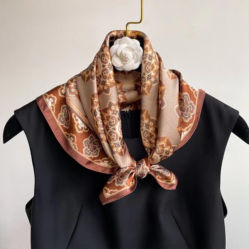 ANDANTINO 100% Mulberry Silk Scarf -21” Square Neckerchief with Gift Packed - color: Flowers-coffee