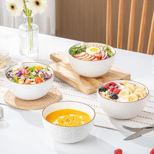 Dafuceramic 26 oz Ceramic Soup Bowls, Cereal Bowls Set of 4 – Oven & Microwave Safe French Onion Soup Bowls, Unique Embossed Patterns, Dishwasher Safe for Soups, Stews & Desserts