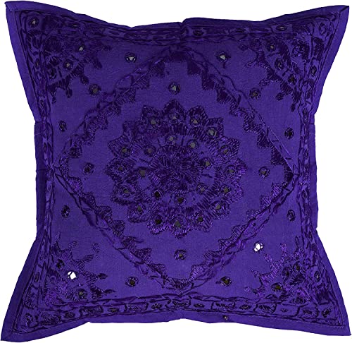 Indian Ethnic Cotton Mirror Embroidered Cushion Cover Throw Pillow Cases Decorative Pillows Cover Bohemian (Size : 16 X 16 Color : Purple) - color: Purple, size: 16" x 16" (Pack of 1)