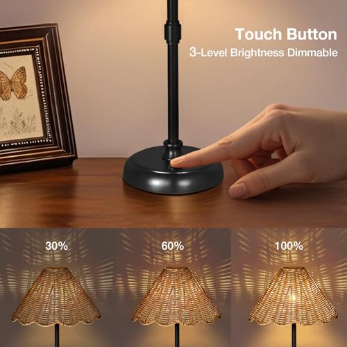 Cordless Boho Rattan Table Lamp Black, 5200-mAh Rechargeable Battery, 3-Level Brightness Dimmable, Build-in Integrated LED 320 Lumen Max, Rattan Shade, for Bedside Restaurant Dining Table - color: 16'' Tall Black