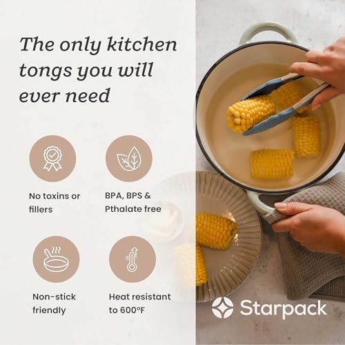 Starpack Get a Grip Silicone Kitchen Tongs (9 Inch) - LFGB Non Toxic, 600°F Heat Resistant, BPA-Free - Heavy-Duty Stainless Steel, Locking - Dishwasher Safe for Nonstick Cookware - color: Light Blue, size: 9" Single