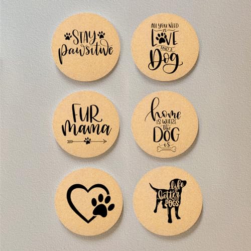 Coasters for Drinks with Set of 6, Cute Dog Coaster for New Home Couples House Warming Gifts Absorbent Paw Cork Wood Bulk for Cup Desk Coffee Table Office Kitchen Decor, Round 4" - color: Dog