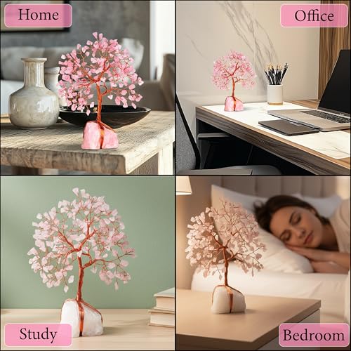 Rose Quartz Crystal Tree for Love & Healing Décor for Home and Office | Handmade Bonsai for Emotional Support & Harmony as Symbol of Piece for Loved Ones Gift for her - color: Rose Quartz Copper Wire Crystal Base