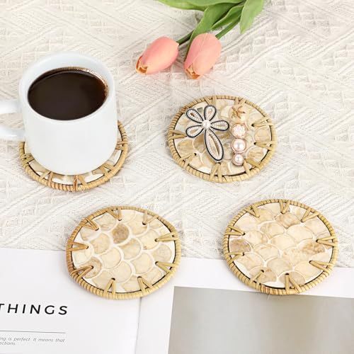 Coastal Coasters Set of 6, Boho Coaster Set with Holder, Fish Scale - style: Fish Scale