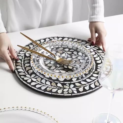 i-lan 2Pack 13" Mother of Pearl Decorative Display Plates,Sea Shell Inlay Wood Charger Dining Charger Plates for Party,Diner Table Modern Style Decoration Placemats,Silver Gray Flower - style: Style 1