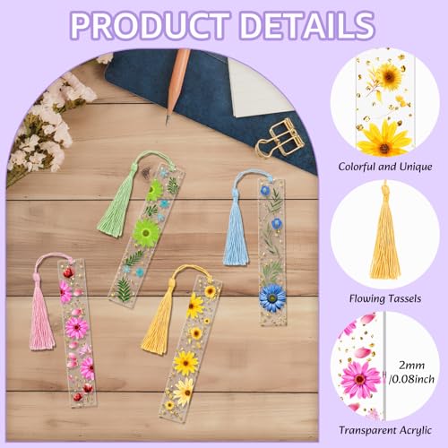 4 Pieces Pressed Flower Bookmarks for Men Women Book Lovers, Dried Flower Bookmarks with Tassels Transparent Acrylic Bookmark Floral Dried Flowers Page Marker for Reading Lover Students Teachers - color: Pink, Light Golden Yellow, Light Green, Sky Blue
