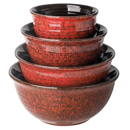 HASENSE Mixing Bowls, 2.1/1.5/1.0/0.5 Qt, Nesting Bowls for Cooking, Baking, Ceramic Serving Dishes Set of 4 for Salad, Fruits, Popcorn, Thanksgiving Christmas Gift, Dishwasher & Microwave Safe, Red - color: Red, size: 20+40+65+84 Ounce