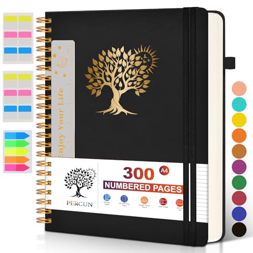 PERCUN Spiral Notebook 300 Numbered Lined Pages Hardcover Journal 8.5"x11" - color: Black, size: A4 size (8.5in x 11.5in)