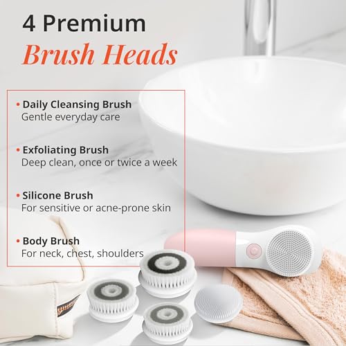 Vanity Planet Raedia Facial Cleansing Brush - Electric Facial Cleansing Brush with 4 Exfoliating Brush Heads - Waterproof, Handheld, Lightweight for Face Scrubber and Exfoliating Face - Dusty Pink - color: Dusty Pink