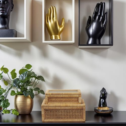 Rattan Display Box for Home Decor with Lid - Rectangular Coastal Bohemian Style Stackable Decorative Storage Box Set - Handmade from Natural Rattan, Cedar & Real Glass