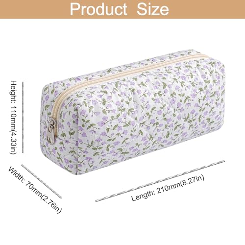 Cute Floral Cotton Makeup Brush Cosmetic Bag for Women, Travel Quilted Zipper Make Up Bag, Flowers Toiletry Organizer Case Kawaii Makeup Cosmetic Travel Cloth Pouch (Purple Floral) - color: 04 Purple Floral