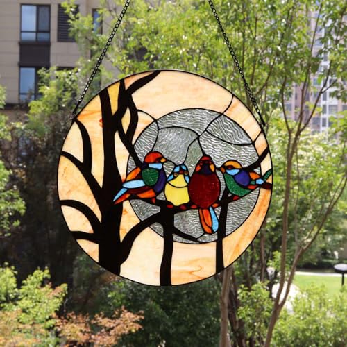 Bieye W10045 Birds & Full Moon Tiffany Style Stained Glass Panel, 16-Inch