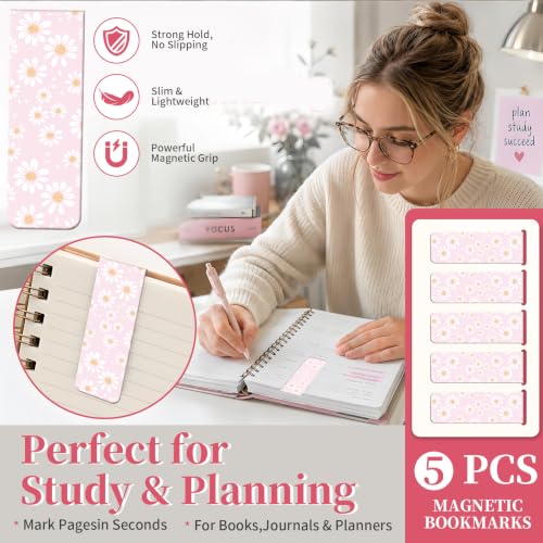 5 Pieces Magnetic Bookmarks, Cute Magnet Bookmark Clips, Colorful Page Markers for Books, Reading Supplies for Book Lovers, Women and Men Cute Pink Daisy Flower - color: Cute Pink Daisy Flower