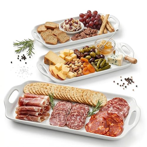 Dizada Serving Tray with Handles 16"x9.5" - White Porcelain Platters 3-Pack, Large Rectangular Serving Platters for Party, Entertaining, Fruit, Turkey, Dessert