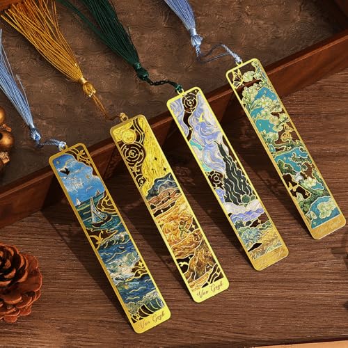 4 Pieces Metal Bookmarks with Tassel, Golden Hollow Bookmark Oil Painting Theme Book Mark Bookmarks for Book Lovers Writers Readers Children Teens for Women Adults Teen - style: 4Pcs Scenery