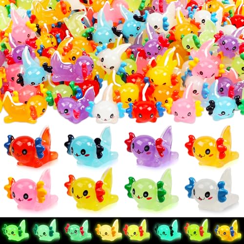 64PCS Luminous Mini Resin Axolotl 8 Colors Glow in The Dark Small Little Resin Axolot to Hide Bulk Miniature Plastic Animal Figures for Micro Landscape Dollhouse Fairy Garden Aquarium Potted DIY Decor - color: 64pcs-axolotl