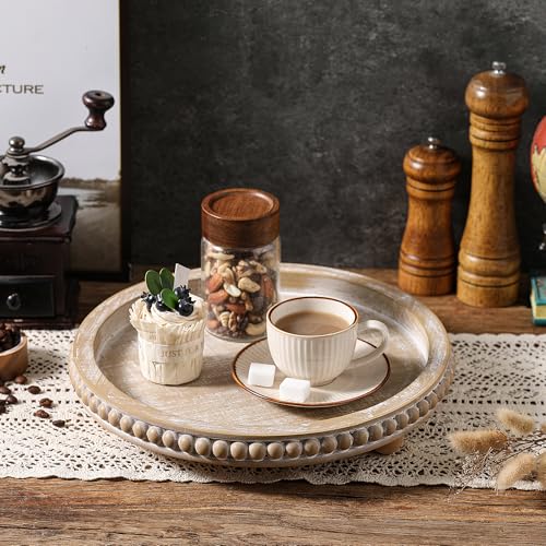 Beige Round Wooden Tray for Decor, Decorative Coffee Table Tray - color: Beige
