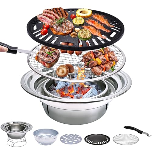 Korean Charcoal Grill 13.8 Inches Stainless Steel Tabletop BBQ Grill Stove Outdoor Camping Cooker, Tabletop Smoker Grill BBQ Grill for Patio Garden Backyard