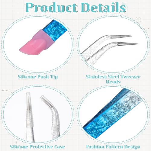 2PCS Crystal Blue Nail Tweezer: Double Ended Sticker Tweezers with Silicone for Craft, Precision Rhinestone Picker Tool for Jewelry Eyelash Nail Art,Curved Tip Tweezers Kit - color: Crystal Blue