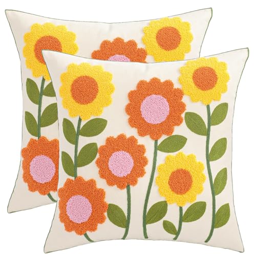 LUOYEHK Embroidered Throw Pillow Covers 18x18 Inch Set of 2 Orange Sunflower Decorative Pillow Cover Spring Summer Boho Cushion Pillowcase for Couch Sofa Bed Living Room - color: Orange Sunflower