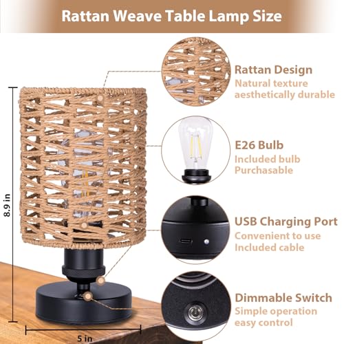 Cordless Outdoor Table Lamps, Small Rattan Boho, Rechargeable Battery Operated for Outdoor Patio, Home, Living Room, Bedroom, Bedside - Set of 2 (Beige-B) - color: Beige-B
