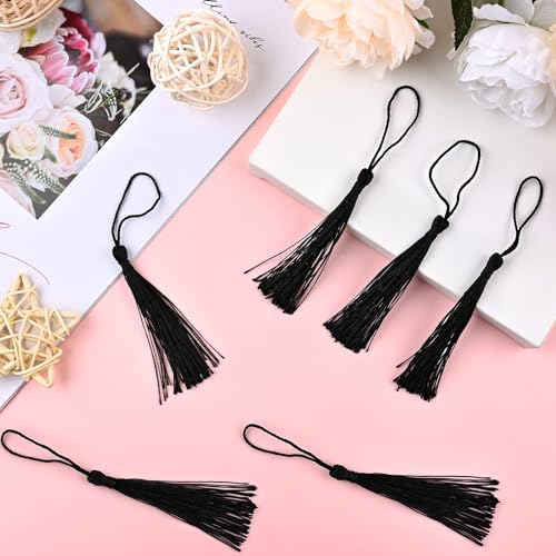 NACHLYNN 120 Pcs Bookmark Tassels Bulk 13cm/5 Inch Silky Handmade Soft Craft Mini Tassels for Jewelry Keychain Making with Loops for Dress Decoration DIY Craft Accessory (Black) - color: Black