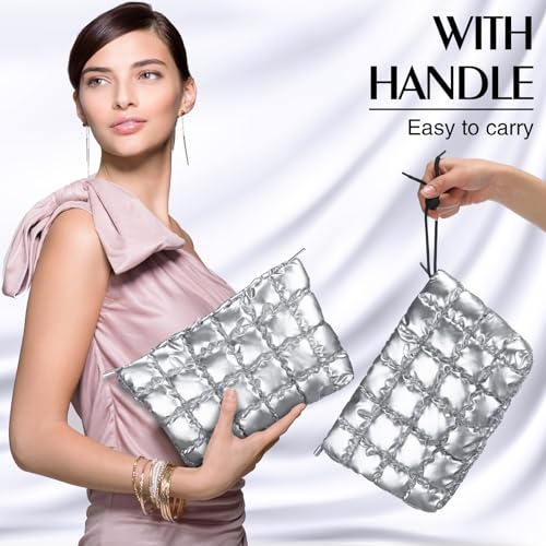 Hillban Silver Puffy Quilted Makeup Bag for Women Cosmetic Gift, Classic - color: Silver, size: Classic