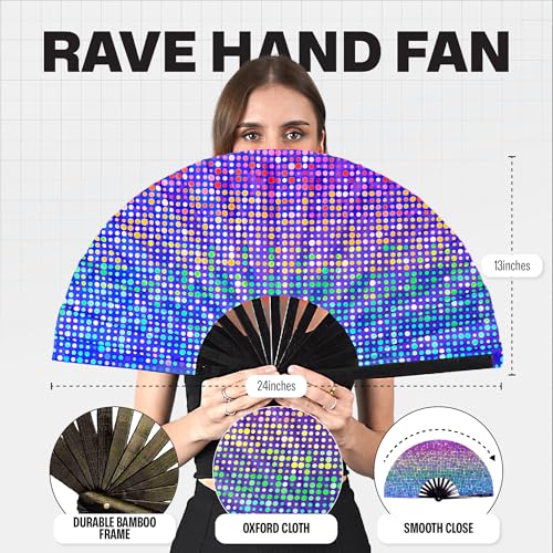 SoJourner Bags Rainbow Lights Rave Fan - Large Folding Clack Fan for Men and Women - Rave Accessories for EDM, Line Dancing, Cosplay, Concerts and More - color: Rainbow Lights