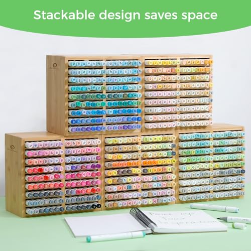 Ohuhu Bamboo Marker Organizer, Wooden Desktop Storage Holds 126 Markers - style: Right Angle Hold 126 Markers