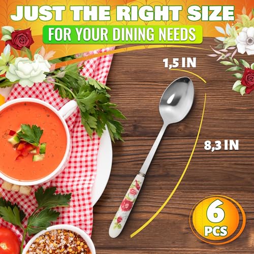 Tablespoons Set of 6, Ceramic Handle, Stainless Steel, Floral Design - color: 6 Pcs Floral Table Tablespoons Set