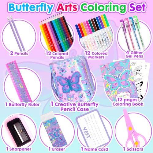 YOYTOO Washable Markers Set with Glitter Pencil Case, Art Supplies for Kids Ages 4-6-8, Arts Crafts Travel Coloring Kit for Girls 4 5 6 7 8 Year Old Birthday Gifts - color: Butterfly